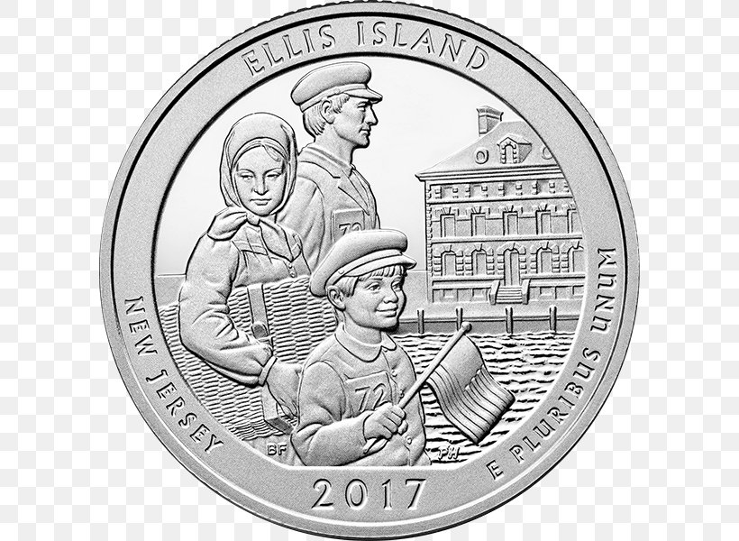 Ellis Island New Jersey United States Mint America The Beautiful Silver Bullion Coins, PNG, 600x600px, Ellis Island, Black And White, Bullion Coin, Coin, Currency Download Free