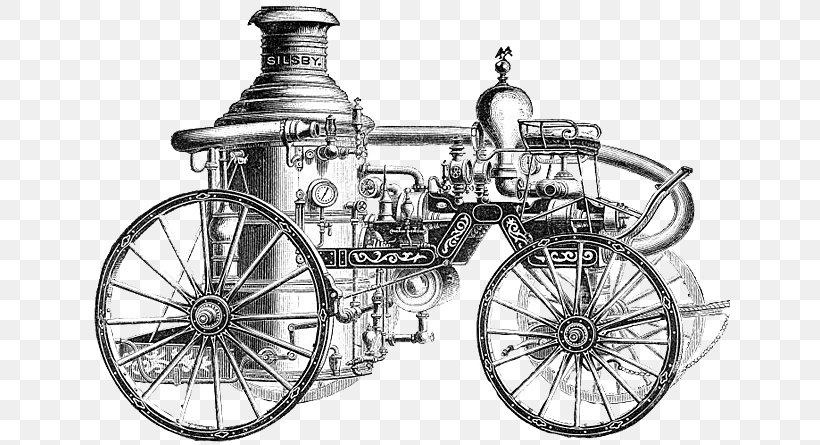 Steam Engine Steam Pumper Fire Engine, PNG, 640x445px, Steam Engine, Beam Engine, Bicycle, Bicycle Wheel, Black And White Download Free