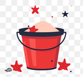 Beach Bucket - Red Bucket Filled With Sand And Starfish PNG