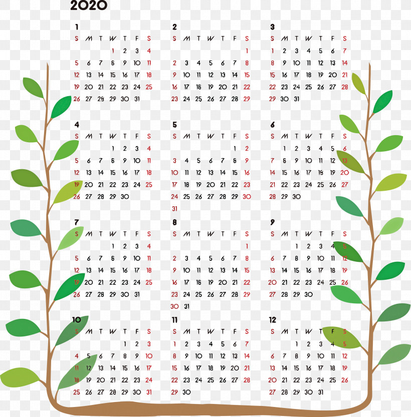 2020 Printable Calendar, PNG, 2951x3000px, 2020 Printable Calendar, Green, Leaf, Line, Plant Download Free