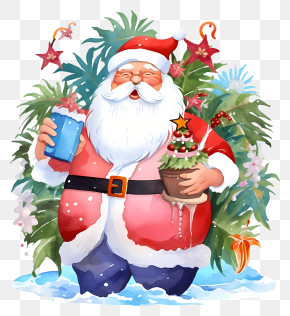 Watercolor Tropical Santa - Santa Claus With Gifts For Christmas PNG