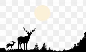 Hand-painted Black And White Silhouette Deer Hilltop Forest Moon - Deer Nature Wildlife Clip Art PNG