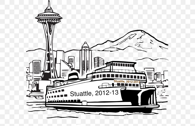 Space Needle Seattle–Bainbridge Ferry Smith Tower Image, PNG, 600x529px, Space Needle, Black And White, Boat, Boating, Drawing Download Free