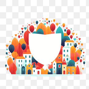 Giving Tuesday - Colorful Houses With Balloons And Trees PNG