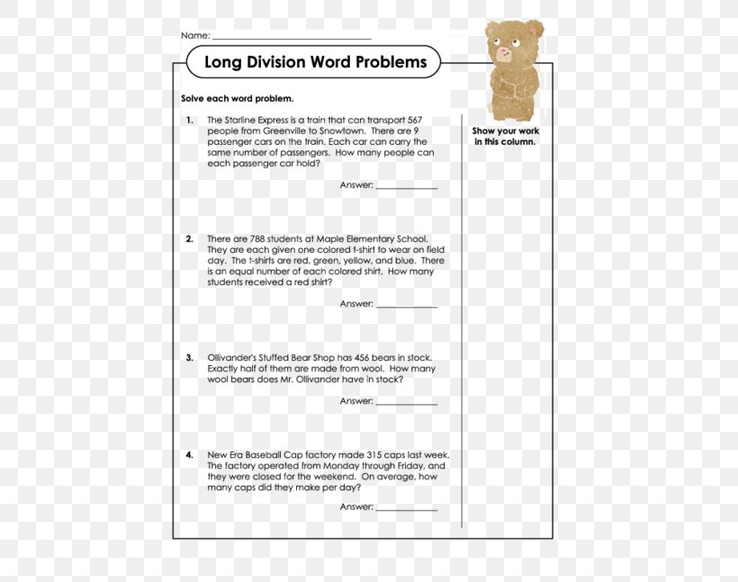 Word Problem Worksheet Long Division Mathematics, PNG, 500x647px, Word Problem, Addition, Algebra, Area, Diagram Download Free