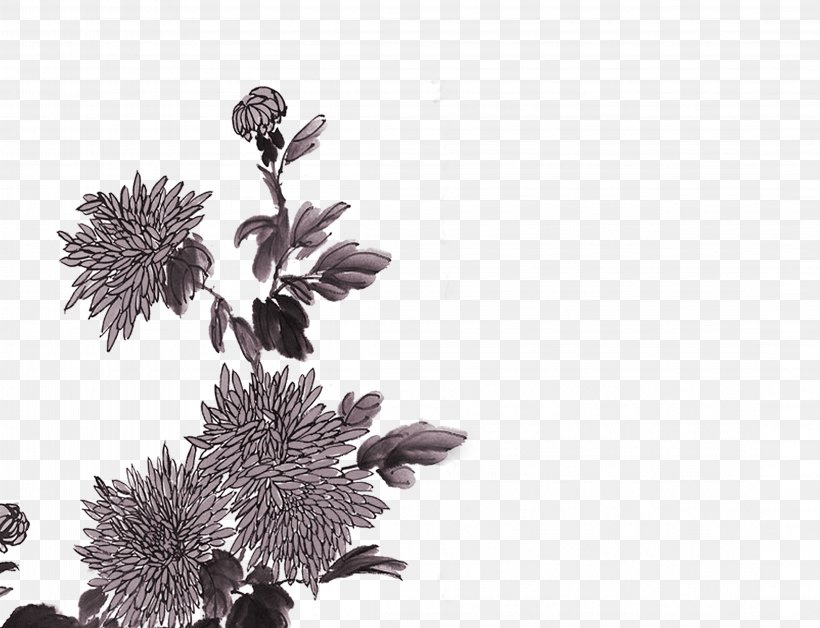 Ink Wash Painting Chrysanthemum Shan Shui Watercolor Painting Bamboo, PNG, 4394x3368px, Ink Wash Painting, Bamboo, Black And White, Branch, Chrysanthemum Download Free
