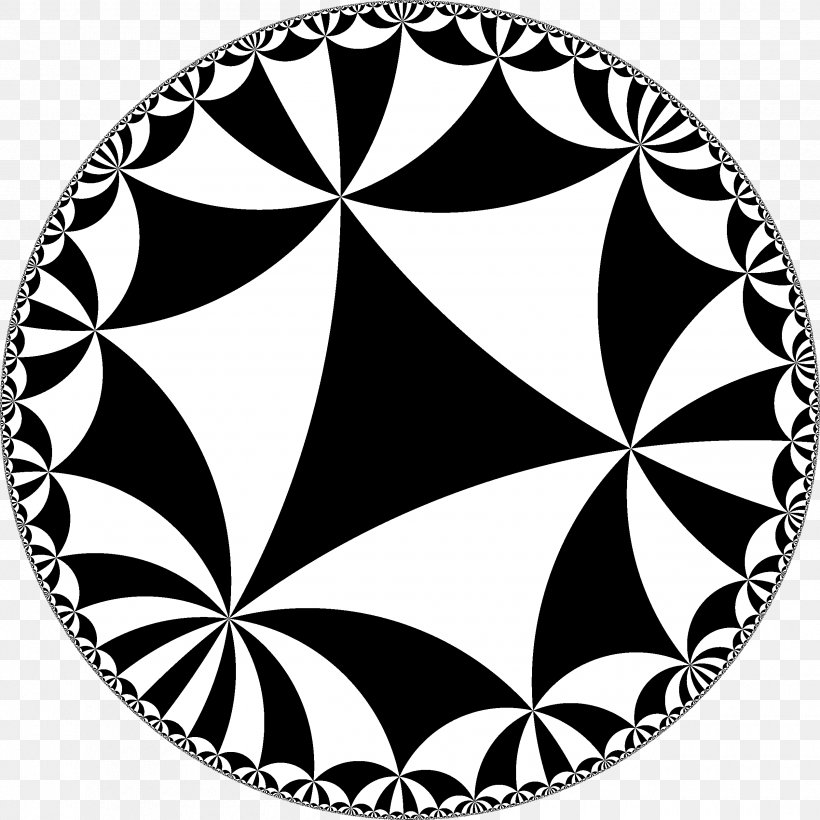 Hyperbolic Geometry Hyperbolic Space Tessellation Poincaré Disk Model Triangle, PNG, 2520x2520px, Hyperbolic Geometry, Area, Black, Black And White, Flower Download Free