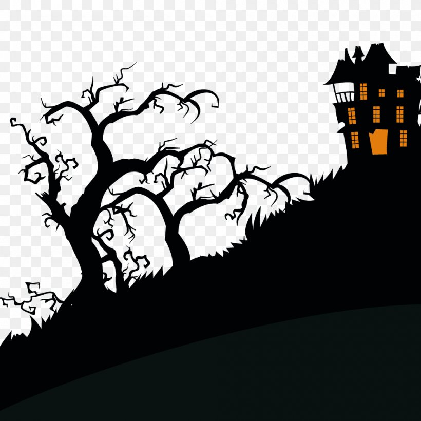 Halloween Haunted Attraction Trick-or-treating Illustration, PNG, 1000x1000px, Halloween, Art, Black And White, Branch, Cartoon Download Free