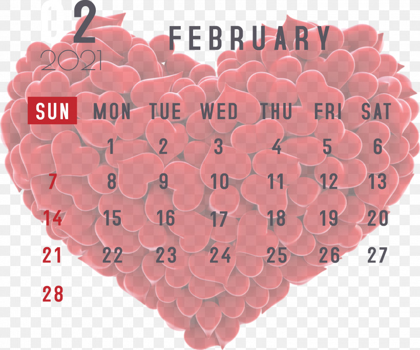 February 2021 Printable Calendar February Calendar 2021 Calendar, PNG, 3000x2506px, 2021 Calendar, M095, Valentines Day Download Free