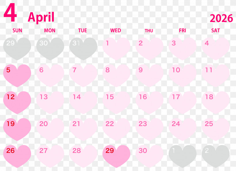 April 2026 Calendar April 2026 Heartthemed Calendar, PNG
