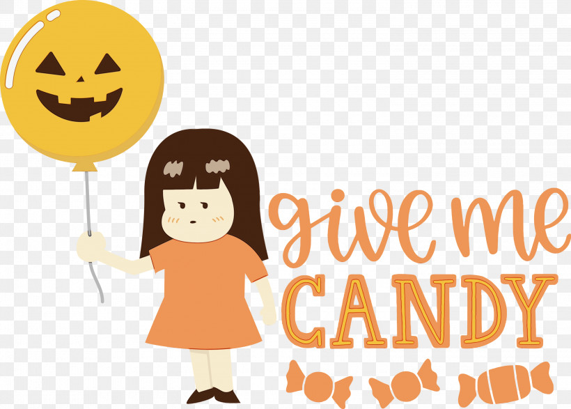 Logo Cartoon Happiness Yellow Text, PNG, 3000x2151px, Give Me Candy, Behavior, Cartoon, Halloween, Happiness Download Free