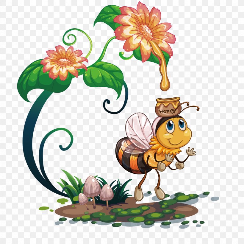Clip Art Vector Graphics Illustration Image Bee, PNG, 1181x1181px, Bee, Artwork, Fictional Character, Flower, Flowering Plant Download Free