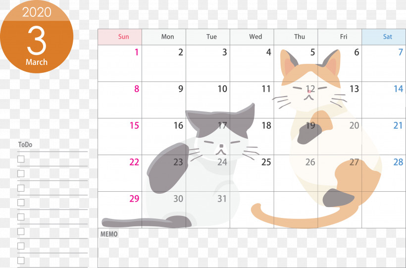 March 2020 Calendar March 2020 Printable Calendar 2020 Calendar, PNG, 3000x1982px, 2020 Calendar, March 2020 Calendar, Cat, Diagram, Line Download Free