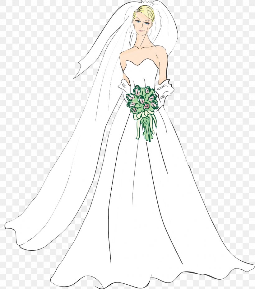 Wedding Dress Bride Line Art White Illustration, PNG, 1054x1194px, Watercolor, Cartoon, Flower, Frame, Heart Download Free