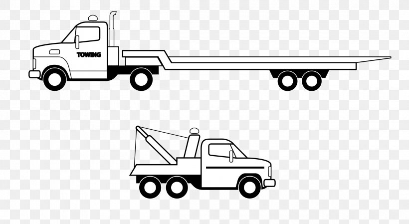 Tow Truck Flatbed Truck Semi-trailer Truck Mack Trucks, PNG, 2400x1316px, Tow Truck, Area, Automotive Design, Automotive Exterior, Black And White Download Free