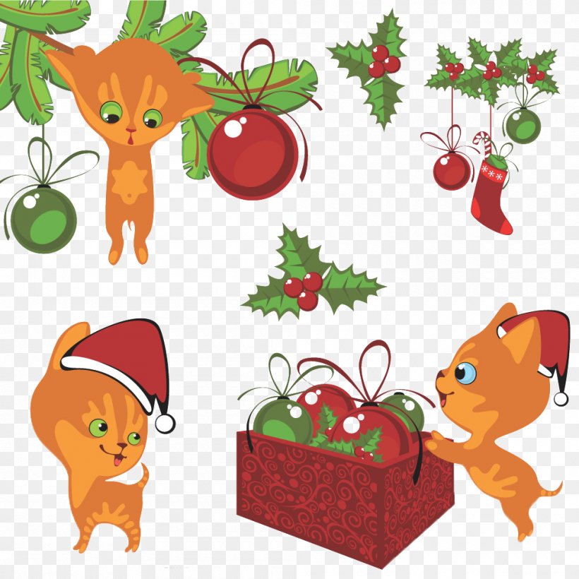 Cat Kitten Christmas Cartoon, PNG, 1000x1000px, Cat, Art, Artwork, Branch, Cartoon Download Free