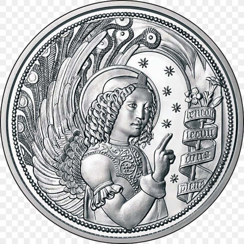 Euro Coins Mint Gabriel Silver Coin, PNG, 1000x1000px, Coin, Angel, Austrian Mint, Black And White, Commemorative Coin Download Free