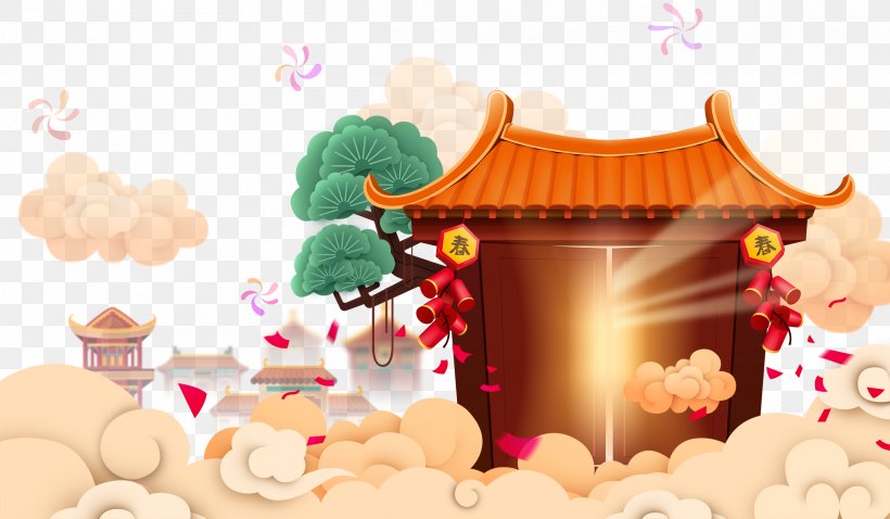 Creative Flat House Tree Cloud Background, PNG, 2400x1400px, Chinese New Year, Baking, Chinese Calendar, Chinese Culture, Chinese Zodiac Download Free