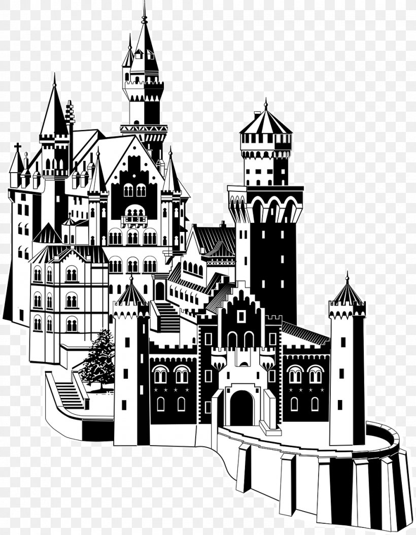 Neuschwanstein Castle Hohenschwangau Clip Art, PNG, 995x1280px, Neuschwanstein Castle, Black And White, Building, Castle, Drawing Download Free