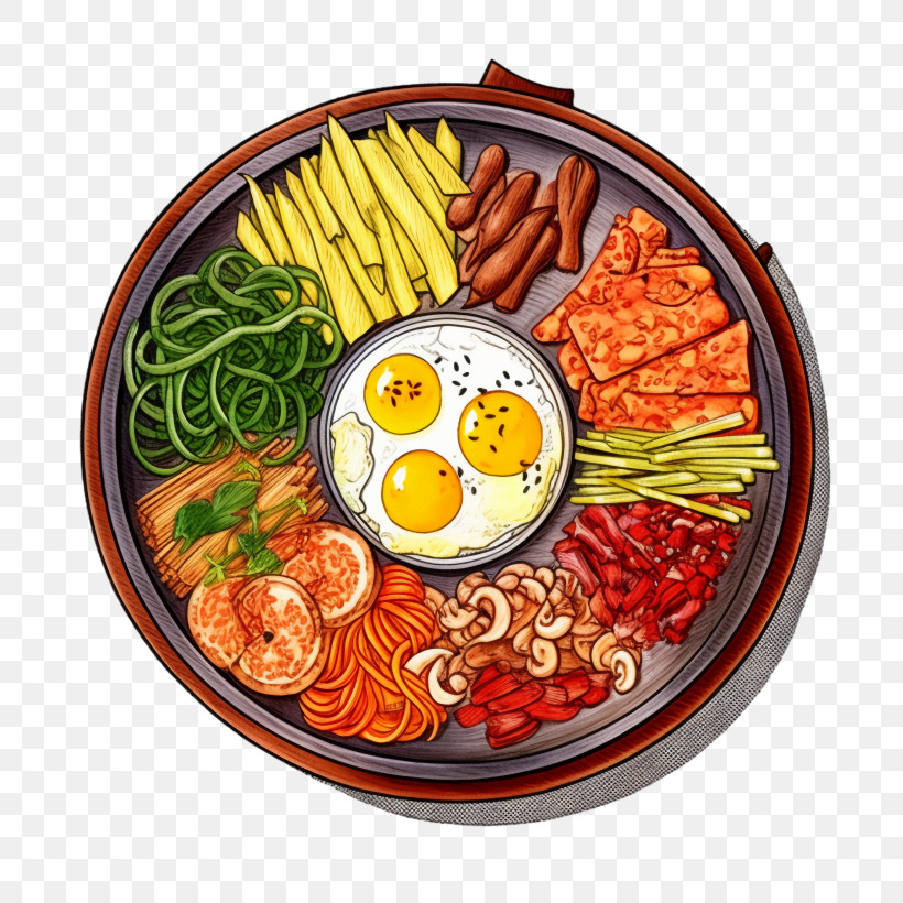 Korean Food - Illustrated Platter With Eggs And Ingredients PNG