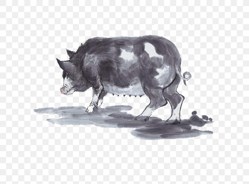 Domestic Pig Ink Wash Painting Chinese Zodiac, PNG, 712x609px, Domestic Pig, Birdandflower Painting, Black And White, Bull, Cattle Like Mammal Download Free
