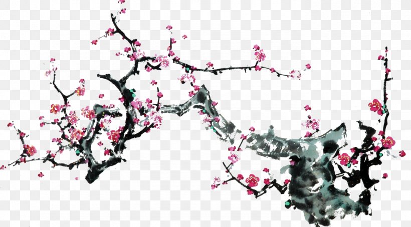 Ink Wash Painting Plum Blossom Japanese Ink Painting Illustrator, PNG, 1379x762px, Ink Wash Painting, Blossom, Branch, Cherry Blossom, Chinese Painting Download Free