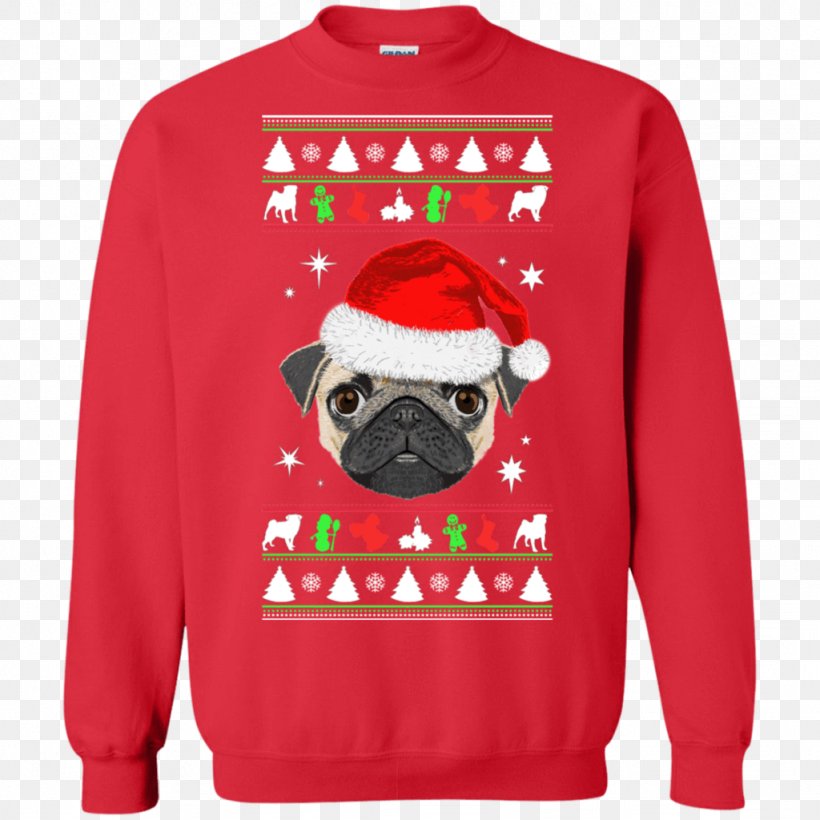 Pug T-shirt Hoodie Christmas Jumper Sweater, PNG, 1024x1024px, Pug, Bluza, Carnivoran, Christmas, Christmas Jumper Download Free