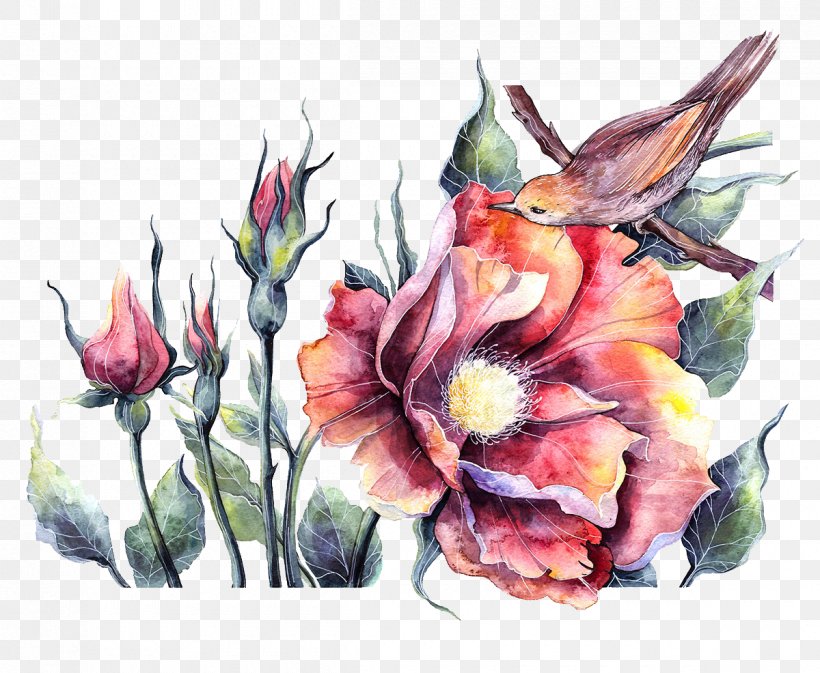 Bird Watercolor Painting Floral Design Illustration, PNG, 1200x986px, Bird, Art, Cut Flowers, Floral Design, Floristry Download Free