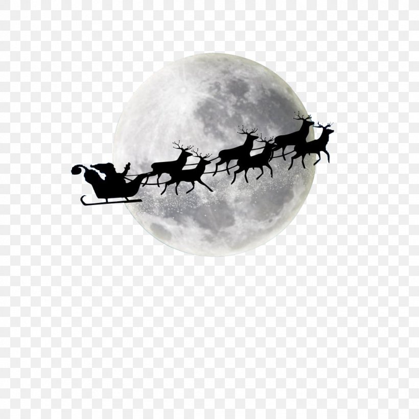 Santa Claus's Reindeer Santa Claus's Reindeer Christmas Moon, PNG, 1024x1024px, Santa Claus, Black And White, Blue Moon, Christmas, Deer Download Free