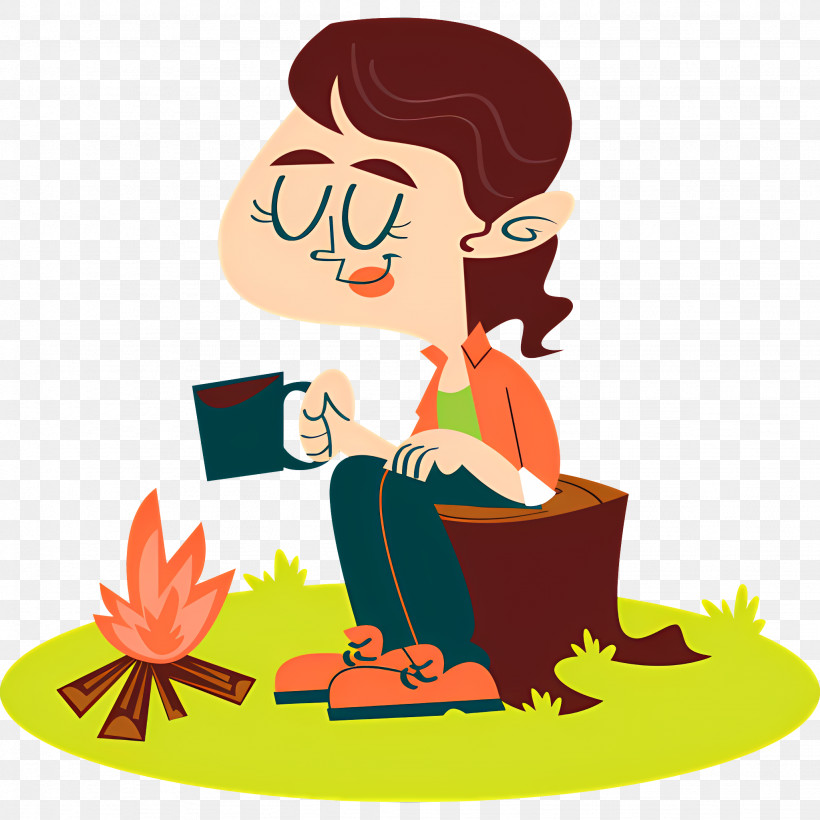 Campfire - Cartoon Person Camping By Fire PNG