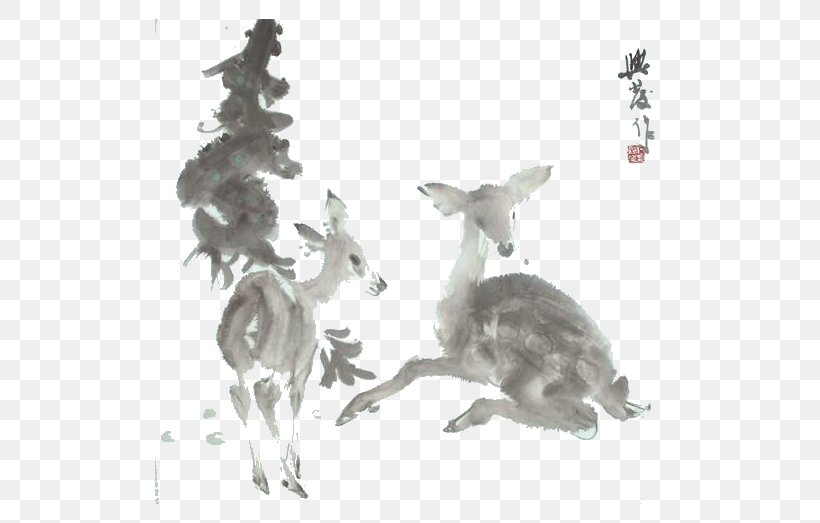 Reindeer Ink Wash Painting, PNG, 510x523px, Deer, Black And White, Fauna, Google Images, Ink Download Free