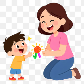 Children Giving Gift To Mom - Mom And Child Sharing Art PNG
