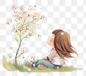 Spring Time - Girl With Pink Flowers PNG