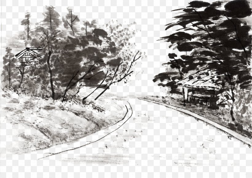 Landscape Painting Ink Wash Painting Wallpaper, PNG, 2180x1541px, Landscape Painting, Art, Artwork, Black And White, Branch Download Free