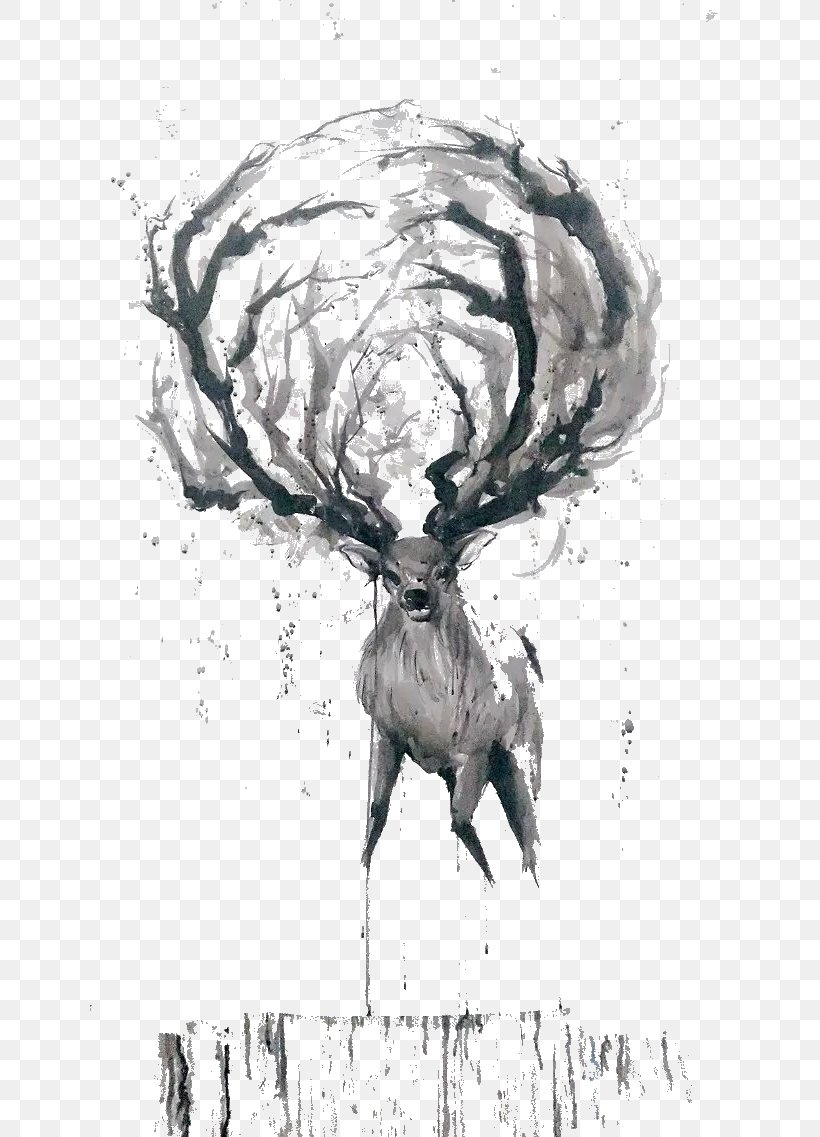 Deer Watercolor Painting Ink Wash Painting Sketch, PNG, 640x1137px, Deer, Art, Artwork, Black And White, Creative Work Download Free