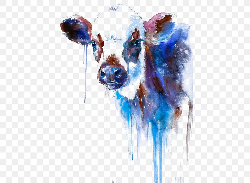 Cattle Watercolor Painting Printmaking, PNG, 449x600px, Holstein Friesian Cattle, Art, Blue, Cattle, Curtain Download Free
