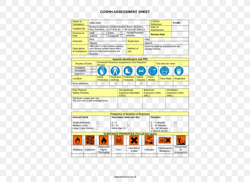 COSHH Risk Assessment Template Hazard, PNG, 424x600px, Coshh, Area, Chemical Hazard, Document, Form Download Free