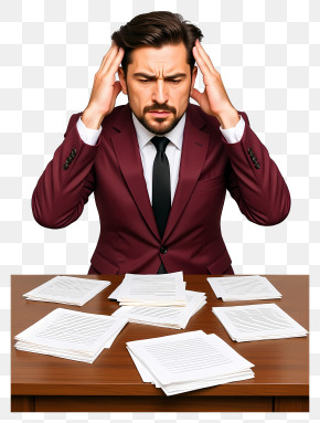 Businessman In Distress - Stressed Man With Papers On Desk PNG