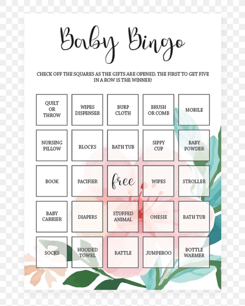 Bingo Card Baby Shower Game Party, PNG, 819x1024px, Watercolor, Cartoon, Flower, Frame, Heart Download Free