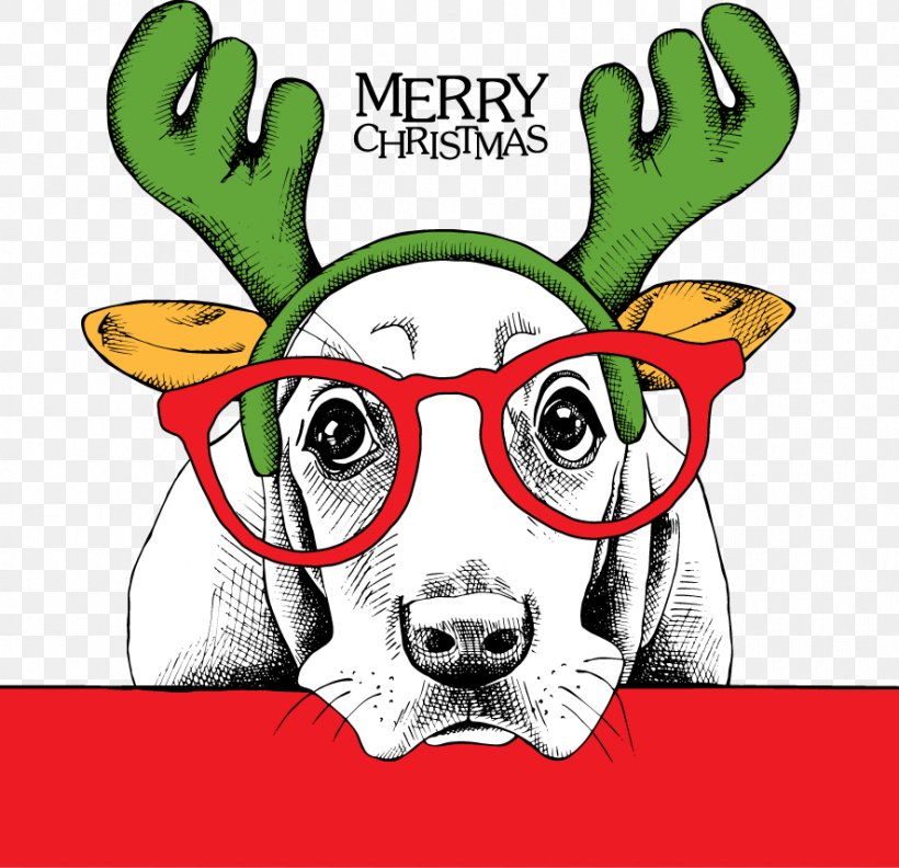 Basset Hound Puppy Santa Claus Christmas, PNG, 886x856px, Basset Hound, Antler, Art, Cartoon, Christmas Download Free