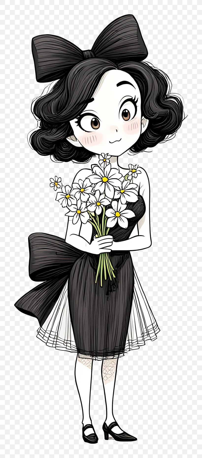Retro Cartoon Girl - Cute Girl Holding Daisies PNG
