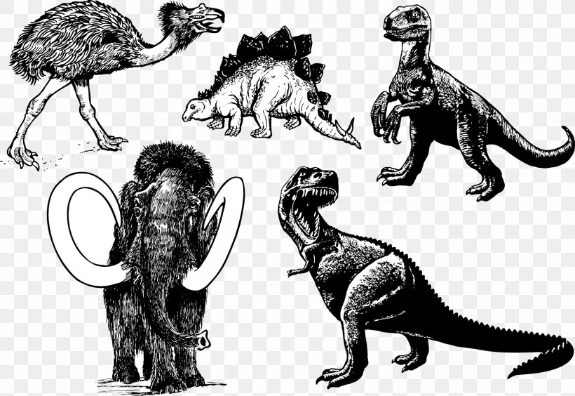 Tyrannosaurus Prehistory Stegosaurus Woolly Mammoth, PNG, 1669x1149px, Tyrannosaurus, Animal, Art, Black And White, Carnivoran Download Free