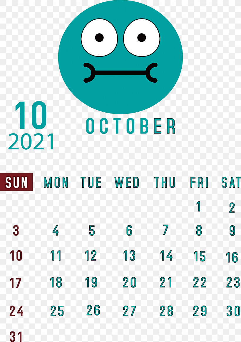 October 2021 Printable Calendar October 2021 Calendar, PNG, 2115x3000px, October 2021 Printable Calendar, Emoticon, Geometry, Green, Happiness Download Free