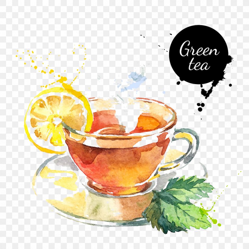 Green Tea Watercolor Painting Drawing, PNG, 1000x1000px, Tea, Cocktail, Cocktail Garnish, Cup, Drawing Download Free