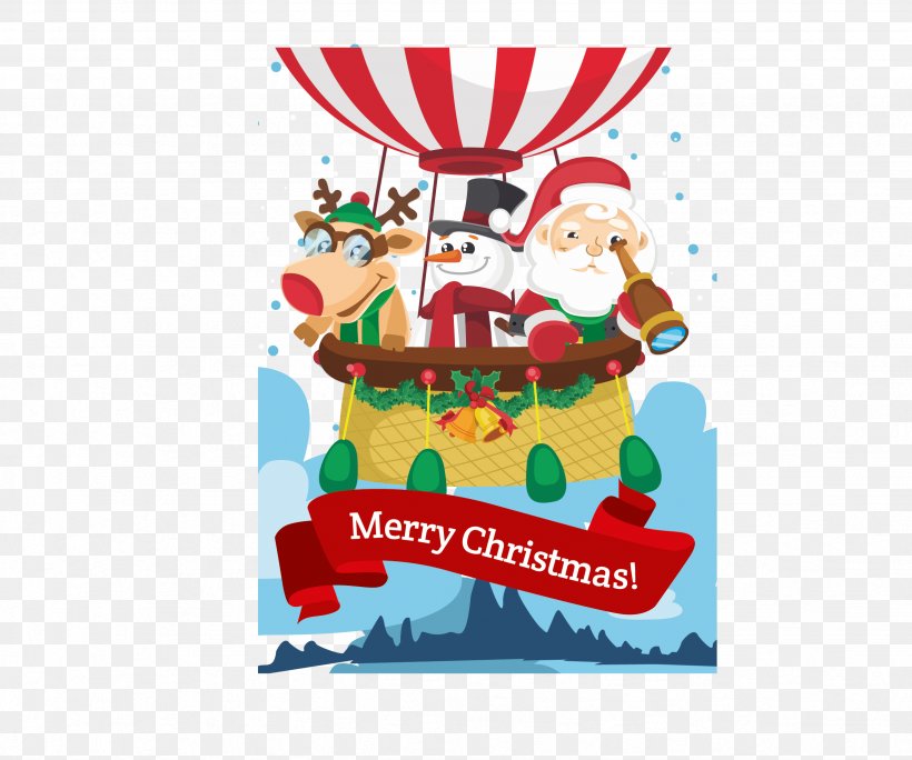 Santa Claus Reindeer Flight Christmas Ornament Illustration, PNG, 2464x2057px, Santa Claus, Art, Balloon, Christmas, Christmas Card Download Free