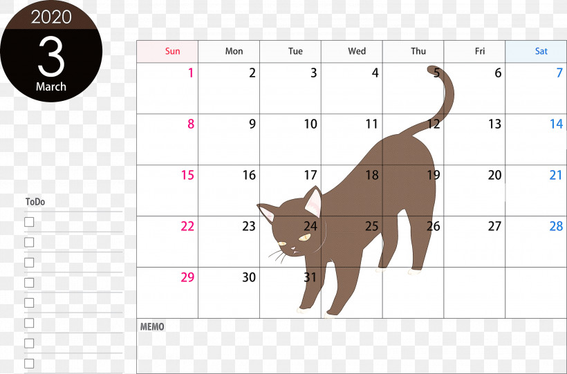 March 2020 Calendar March 2020 Printable Calendar 2020 Calendar, PNG, 3000x1982px, 2020 Calendar, March 2020 Calendar, Abyssinian, Black Cat, Cat Download Free