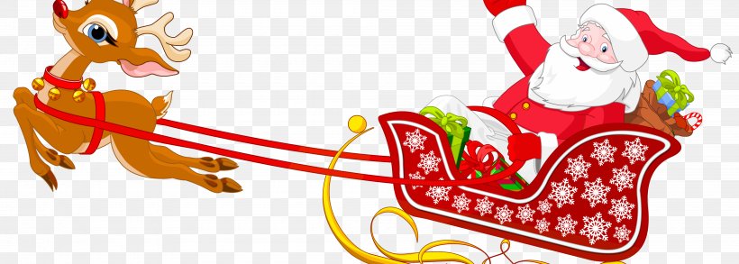 Santa Claus Reindeer Sled Clip Art, PNG, 4000x1430px, Santa Claus, Art, Christmas, Christmas Decoration, Christmas Ornament Download Free