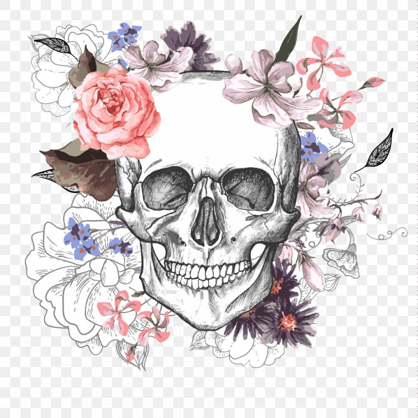 Calavera Skull Flower Day Of The Dead, PNG, 1000x1000px, Calavera, Art