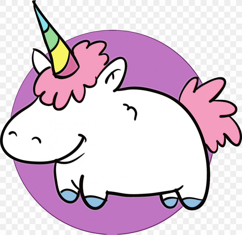 Unicorn, PNG, 1267x1233px, Watercolor, Cartoon, Line, Paint, Pink Download Free