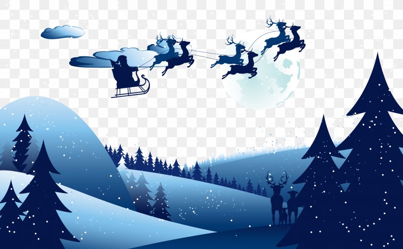 Santa Claus Reindeer Sky Illustration, PNG, 2671x1657px, Santa Claus, Blue, Brand, Christmas, Christmas Eve Download Free